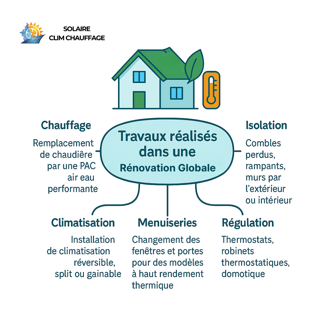 Quels sont les travaux réalisés dans une rénovation globale ? Chauffage, climatisation, menuiseries, régulation et isolation.