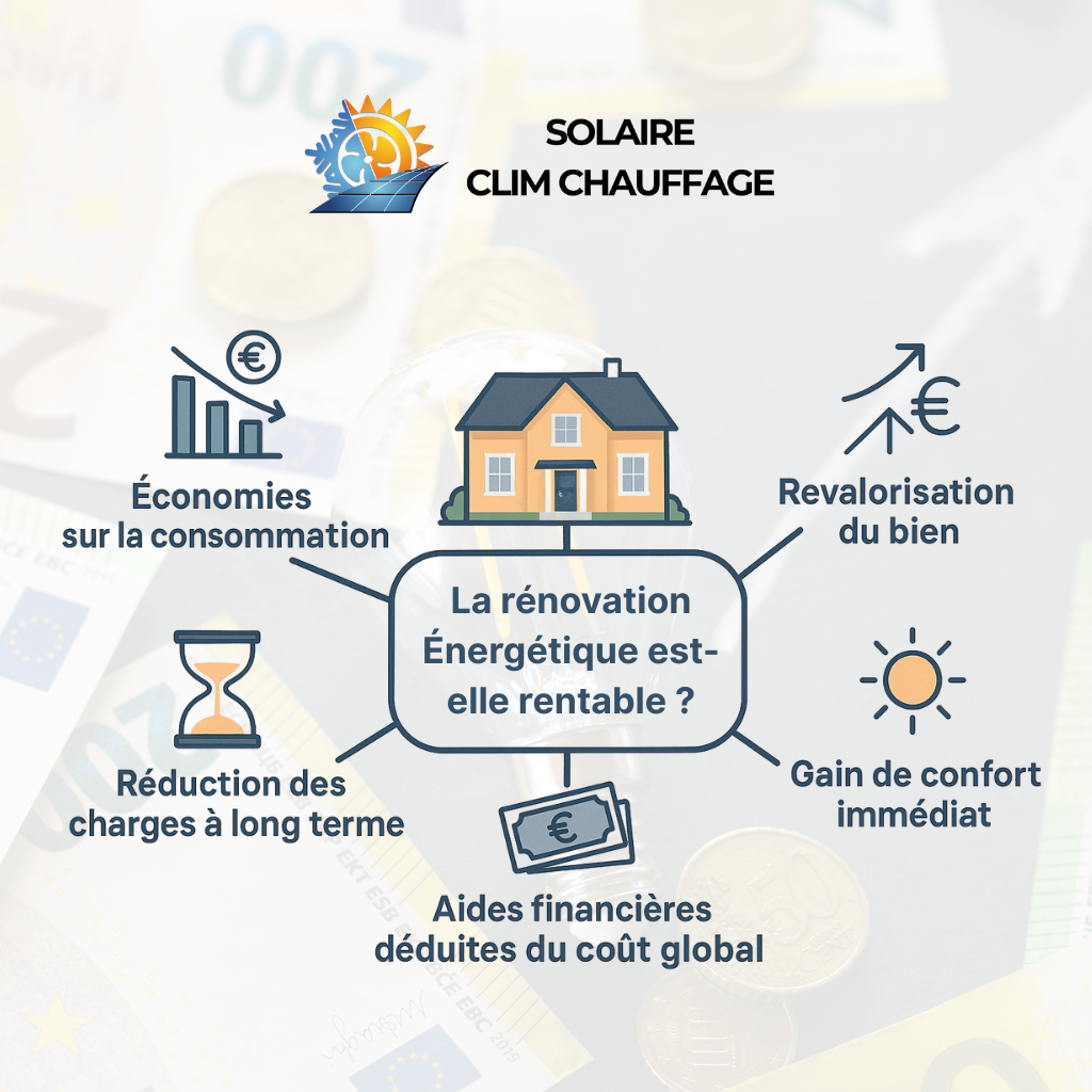 La rénovation énergétique est-elle rentable ? Economie sur la consommation, revalorisation du bien, réduction des charges à long terme, aides financières déduites du coût global, gain de confort immédiat.