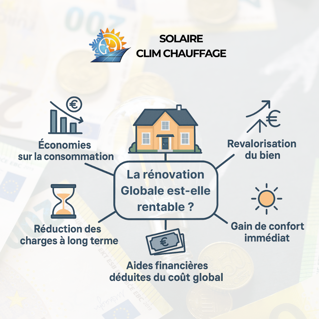 La rénovation globale est-elle rentable ? Economie sur la consommation, revalorisation du bien, réduction des charges à long terme, aides financières déduites du coût global, gain de confort immédiat.