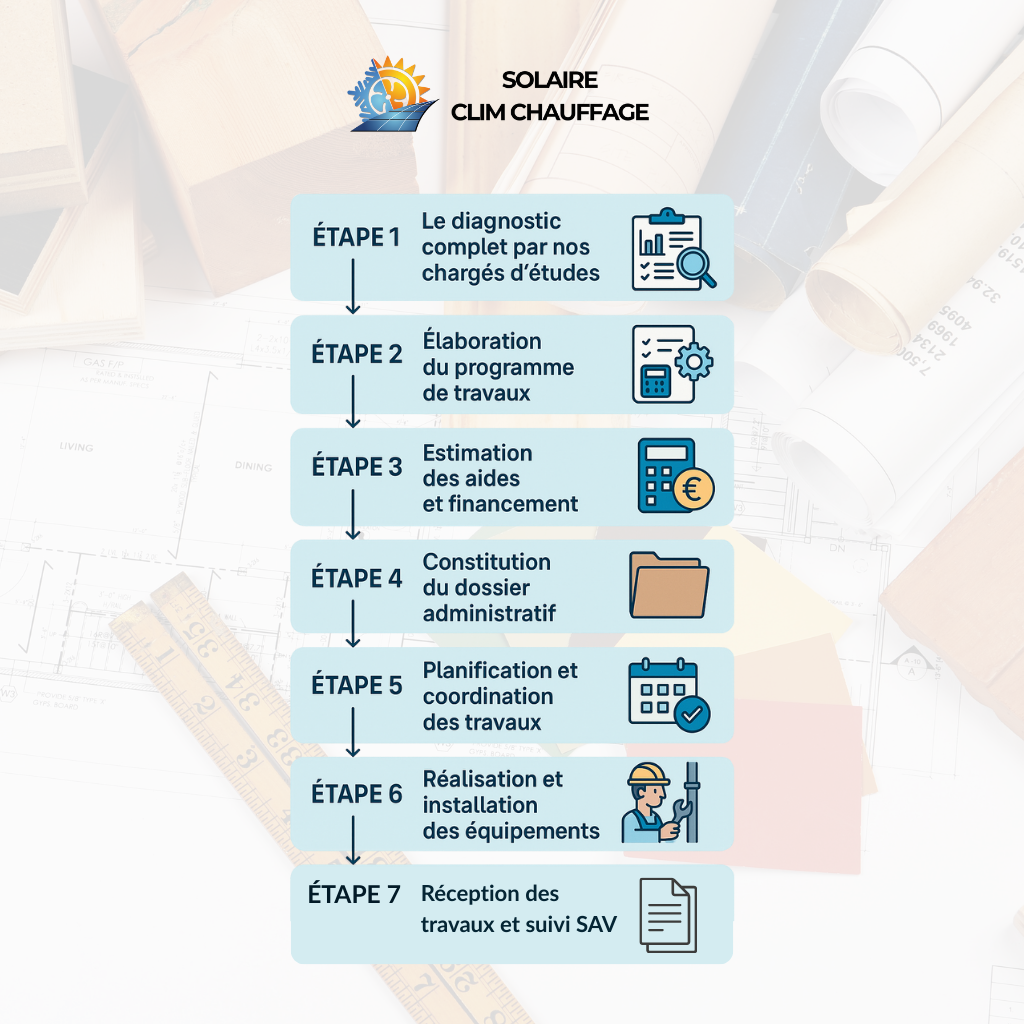 Quelles sont les étapes d'une rénovation globale ? Diagnostic complet par nos chargés d'études, élaboration du programme de travaux, estimation des aides et financement, constitution du dossier administratif, planification et coordination des travaux, réalisation et installation des équipements et réception des travaux et suivi SAV.